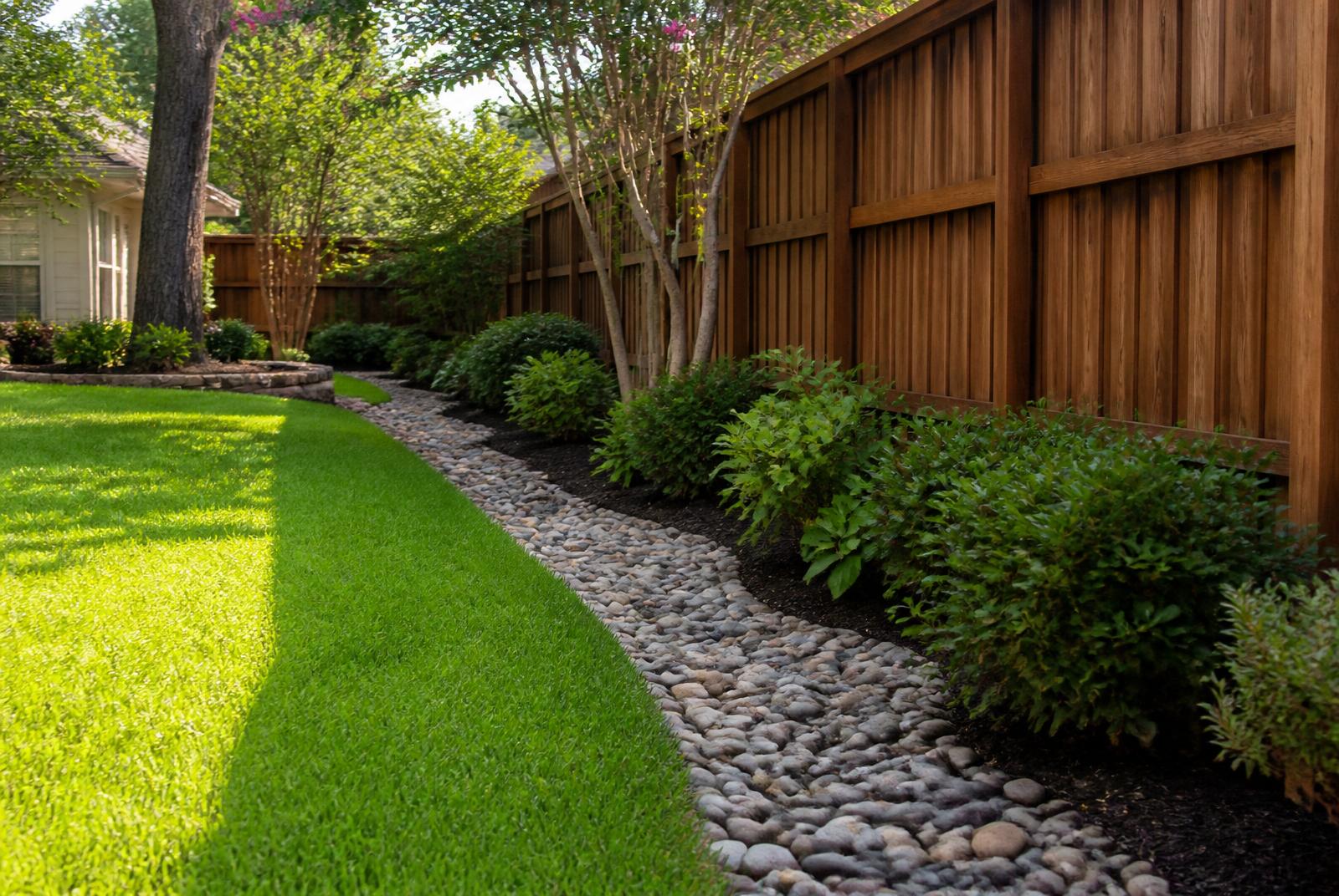 Decorative river-rock French drain along a wood fence in a Collin County backyard