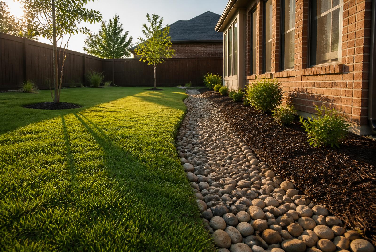 Regraded backyard with a river-rock swale channeling water away from the foundation