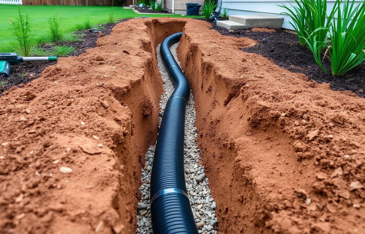 French drain trench with perforated pipe and gravel being installed