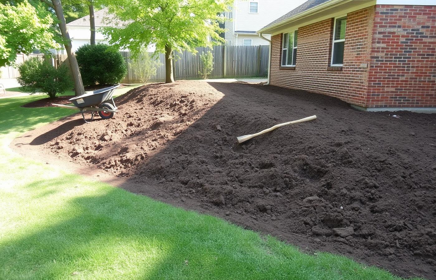 Yard being regraded with fresh topsoil sloping away from a home